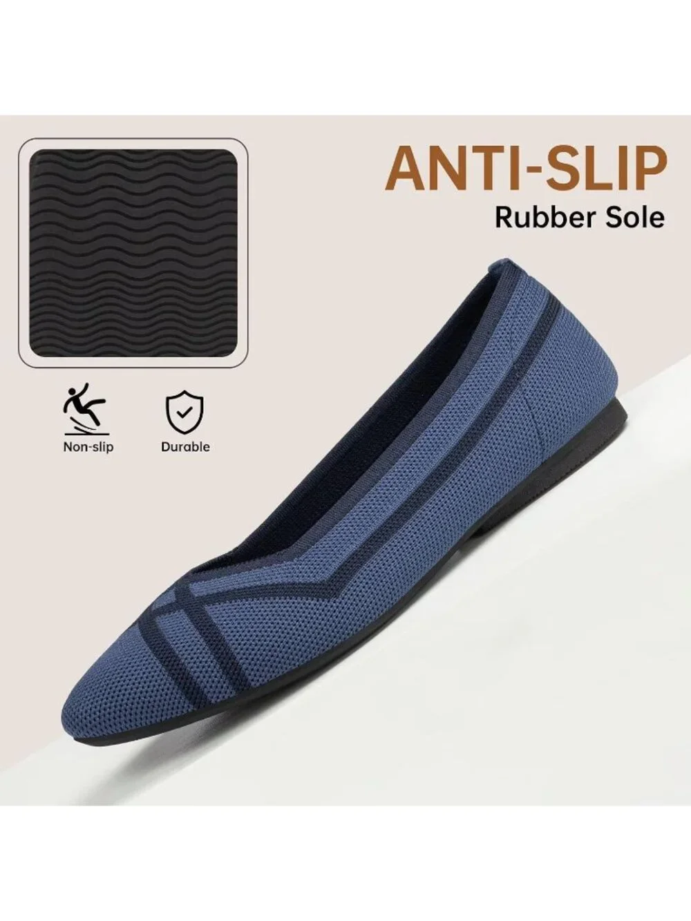 Frank Mully Women's Blue Rubber Knitted Square Toe Comfortable Slip On Flats